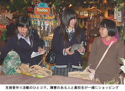 写真：支援者作り活動のひとコマ。障害のある人と高校生が一緒にショッピング