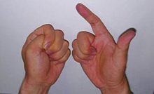 写真：人差し指を立てた右手と、握り拳を作った左手。